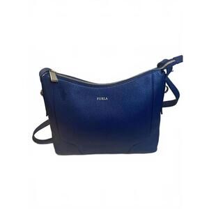 Furla Navy Blue Pebbled Leather Crossbody Hobo Handbag Gold Hardware
